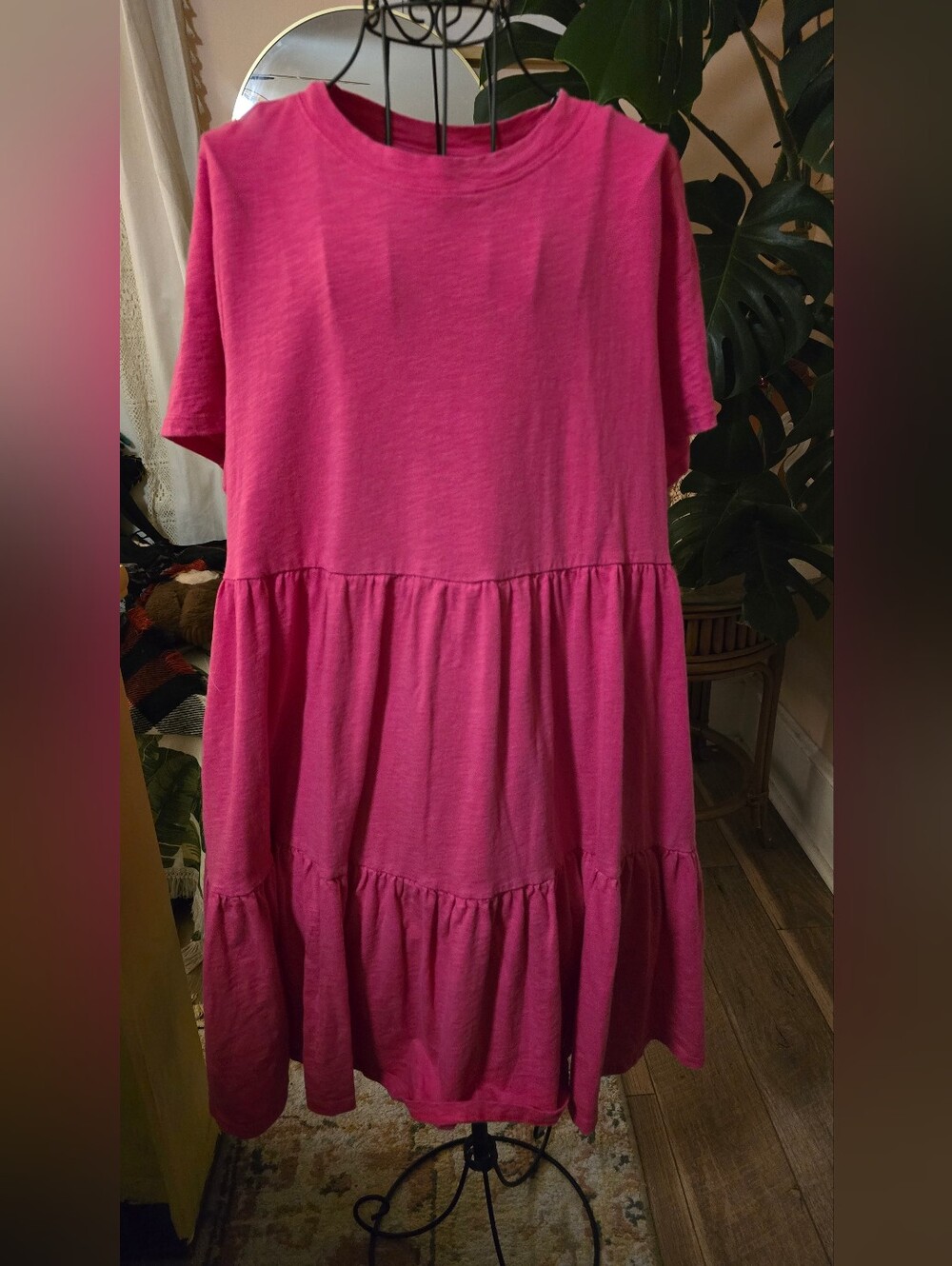🍯🐝Old Navy Hot Pink Cotton Slub Tiered Babydoll T-Shirt Swing Dress L